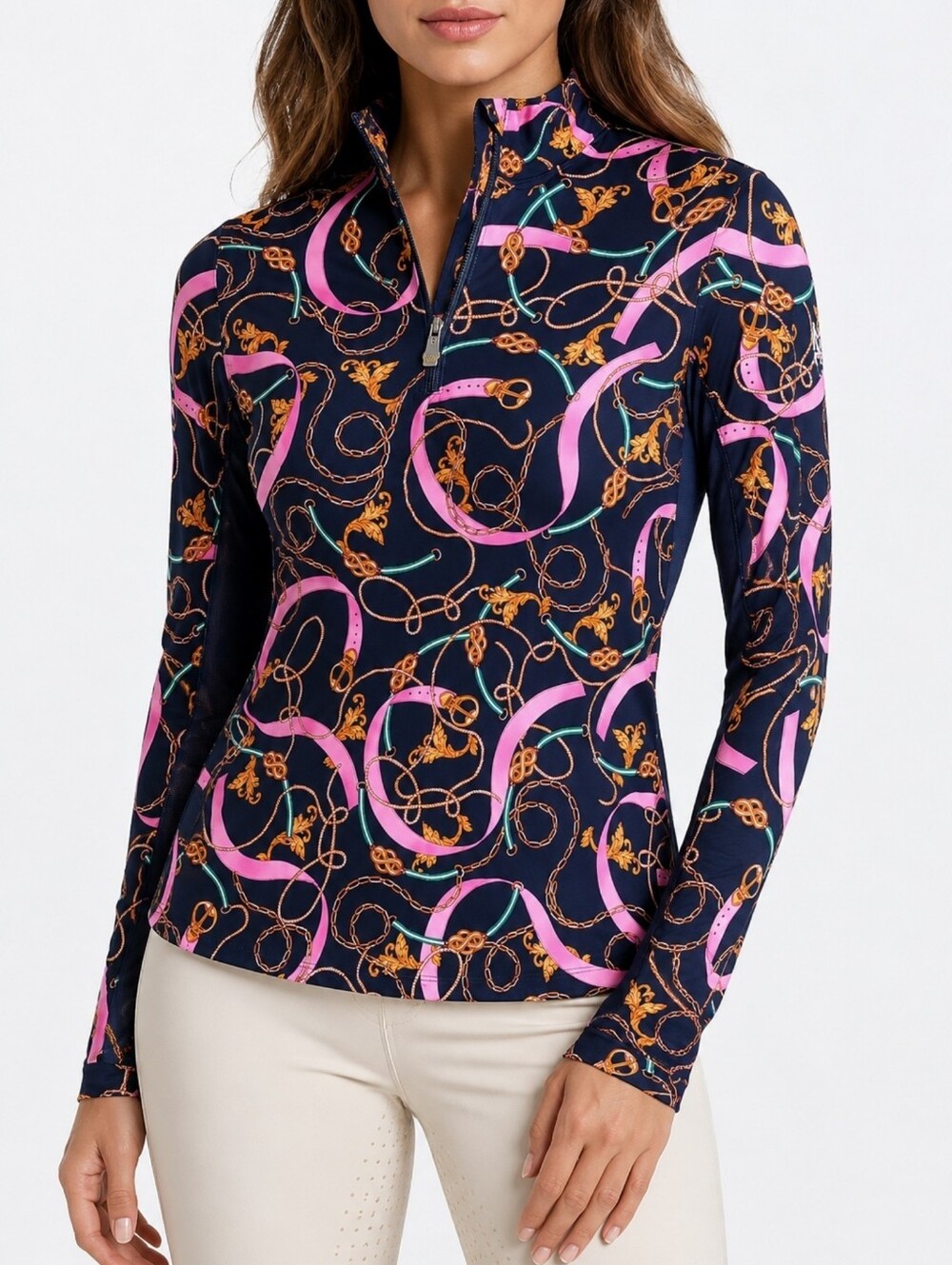 Kastel Denmark Equestrian Horsebit Chain Print 1/4 Zip Performance Top M